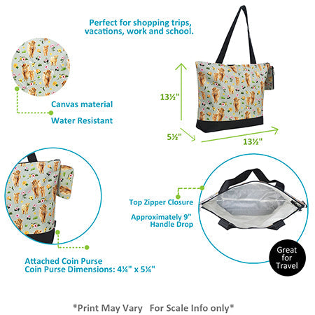 Floral Highland Cow Zippered Tote Bag - Personalized/Monogrammed