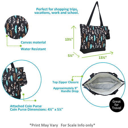 Feather Print Zippered Tote Bag - Personalized/Monogrammed