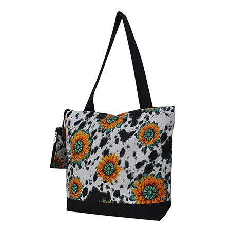 Sunflower Cow Print Zippered Tote Bag - Personalized/Monogrammed