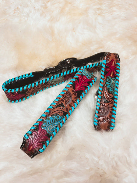 Hand Tooled Floral Turquoise & Red Leather Dog Collar
