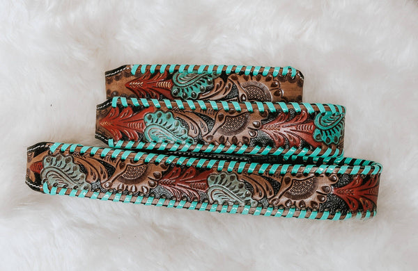Hand Tooled Floral Turquoise & Red Leather Dog Collar