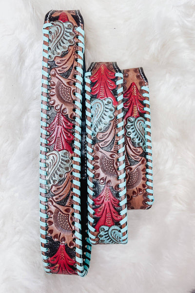 Hand Tooled Floral Turquoise & Red Leather Dog Collar