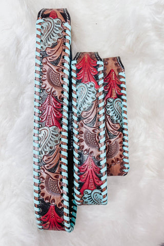 Hand Tooled Floral Turquoise & Red Leather Dog Collar