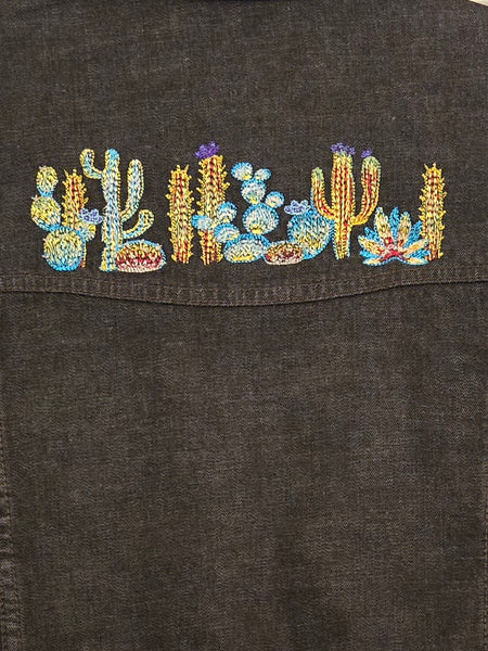 Ladies Black Denim Custom Embroidered Denim Jacket - Upcycled