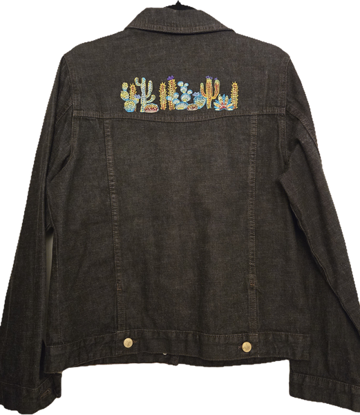 Ladies Black Denim Custom Embroidered Denim Jacket - Upcycled