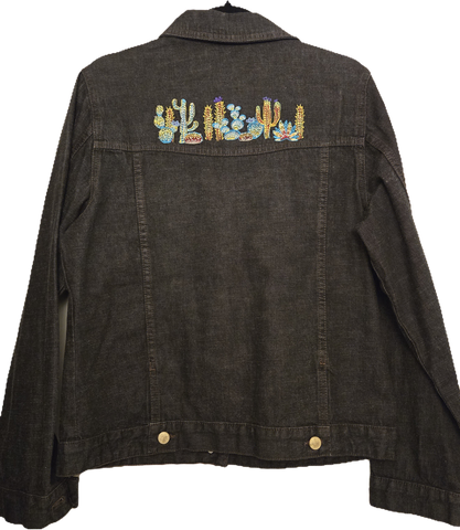 Ladies Black Denim Custom Embroidered Denim Jacket - Upcycled