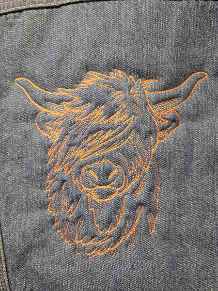 GAP Ladies Medium Denim Jacket - Upcycled - Highland Cow
