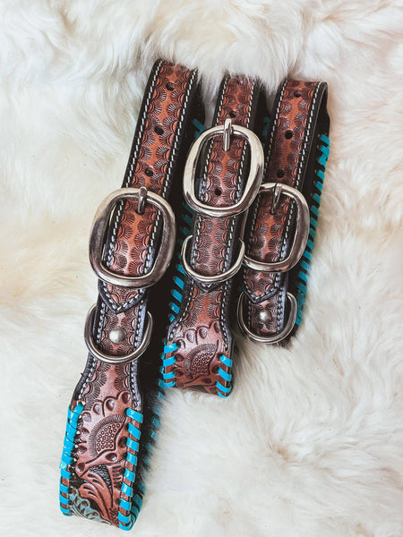 Hand Tooled Floral Turquoise & Red Leather Dog Collar