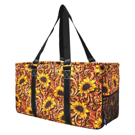Leather and Sunflower Print Large Utility Tote/Tote Bag - Personalized/Monogrammed