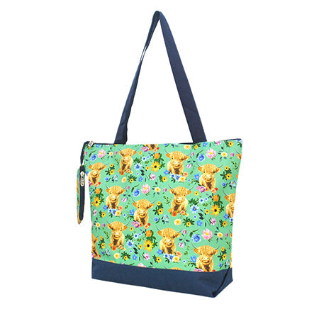 Blue Highland Cow Print Zippered Tote Bag - Personalized/Monogrammed