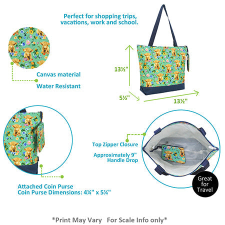 Blue Highland Cow Print Zippered Tote Bag - Personalized/Monogrammed