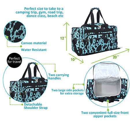 Turquoise Cow Print Duffel/Overnight Bag/Gym Bag - Personalized/Monogrammed