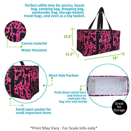 Hot Pink Cow Print Large Utility Tote/Tote Bag - Personalized/Monogrammed