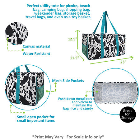 Cow Print and Turquoise Large Utility Tote/Tote Bag - Personalized/Monogrammed