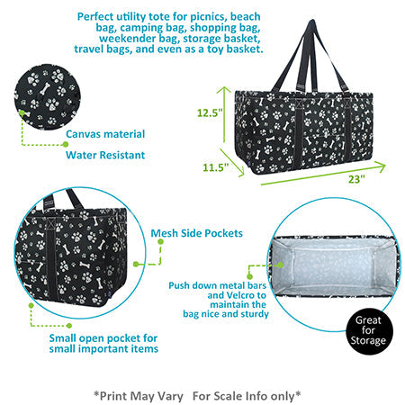 Black Paw Print Large Utility Tote/Tote Bag - Personalized/Monogrammed