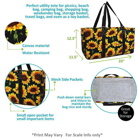 Sunflower Print Large Utility Tote/Tote Bag - Personalized/Monogrammed