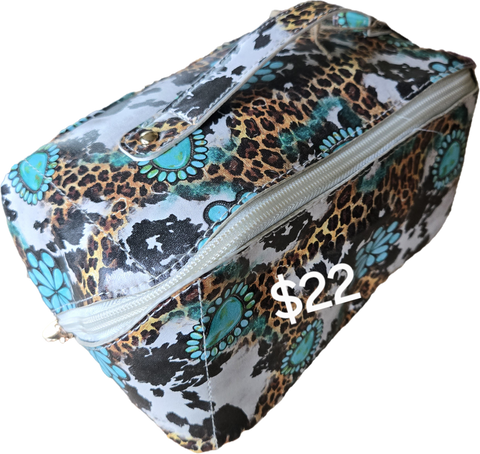 Expandable Leopard Cow and Turquoise Print Toiletry/Make-up Bag