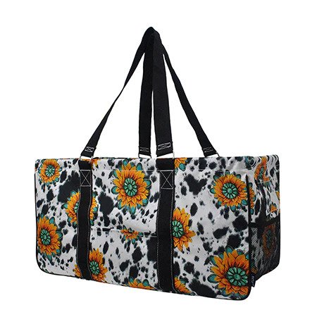 Sunflower Cow Print Large Utility Tote/Tote Bag - Personalized/Monogrammed