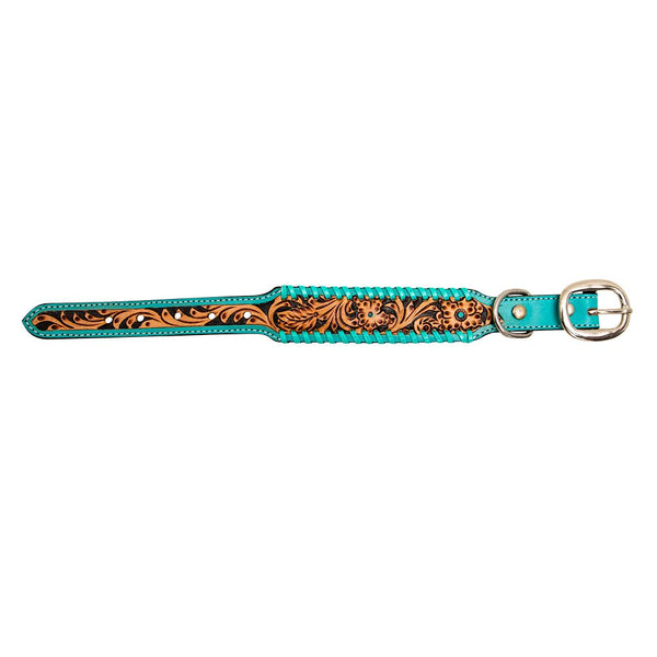ON SALE - Leather Tooled Floral and Turquoise Buckstitch Dog Collar - Acety