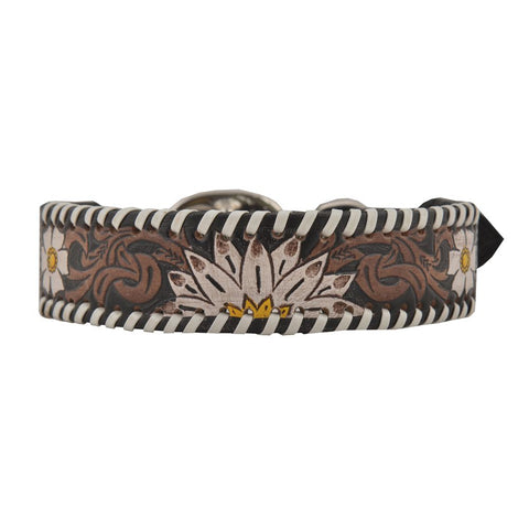 Leather Tooled Daisy and White Buckstitch Dog Collar