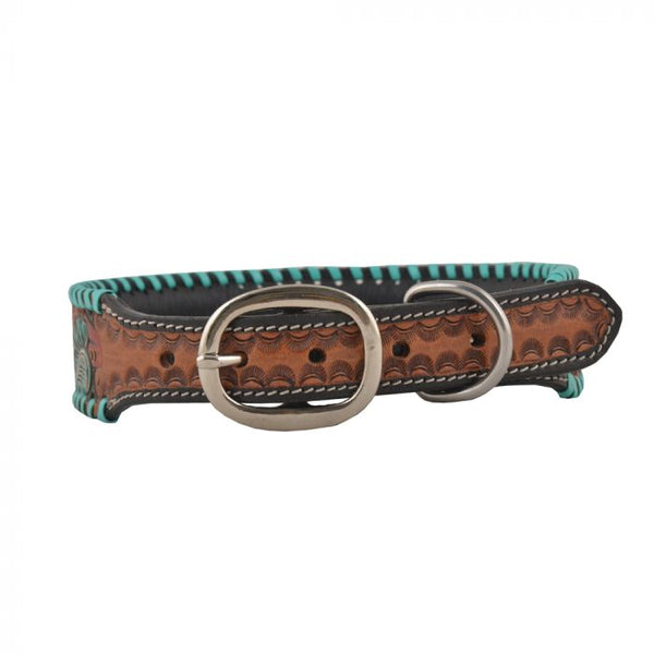 Leather Tooled Floral and Turquoise Whipstitch Dog Collar - Full Bloom
