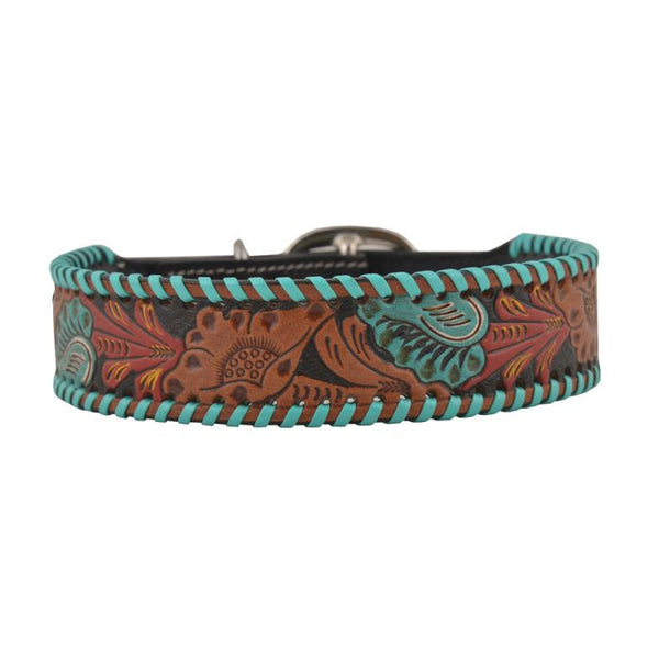 Leather Tooled Floral and Turquoise Whipstitch Dog Collar - Full Bloom