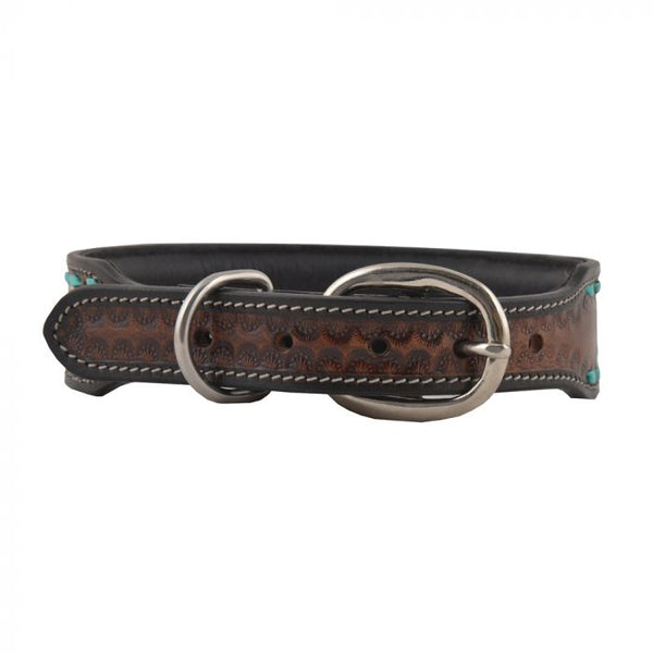Leather Tooled Sunflower and Turquoise Buckstitch Dog Collar - Scenic