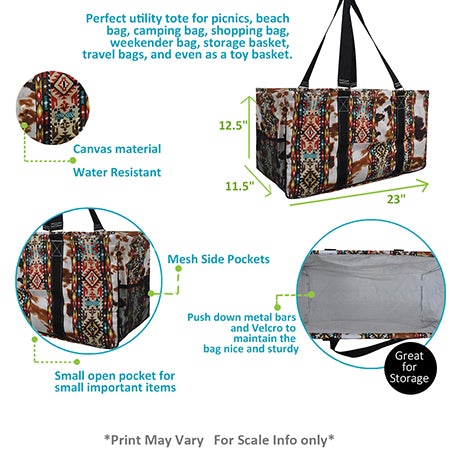 Tribal Cow Print Large Utility Tote/Tote Bag - Personalized/Monogrammed